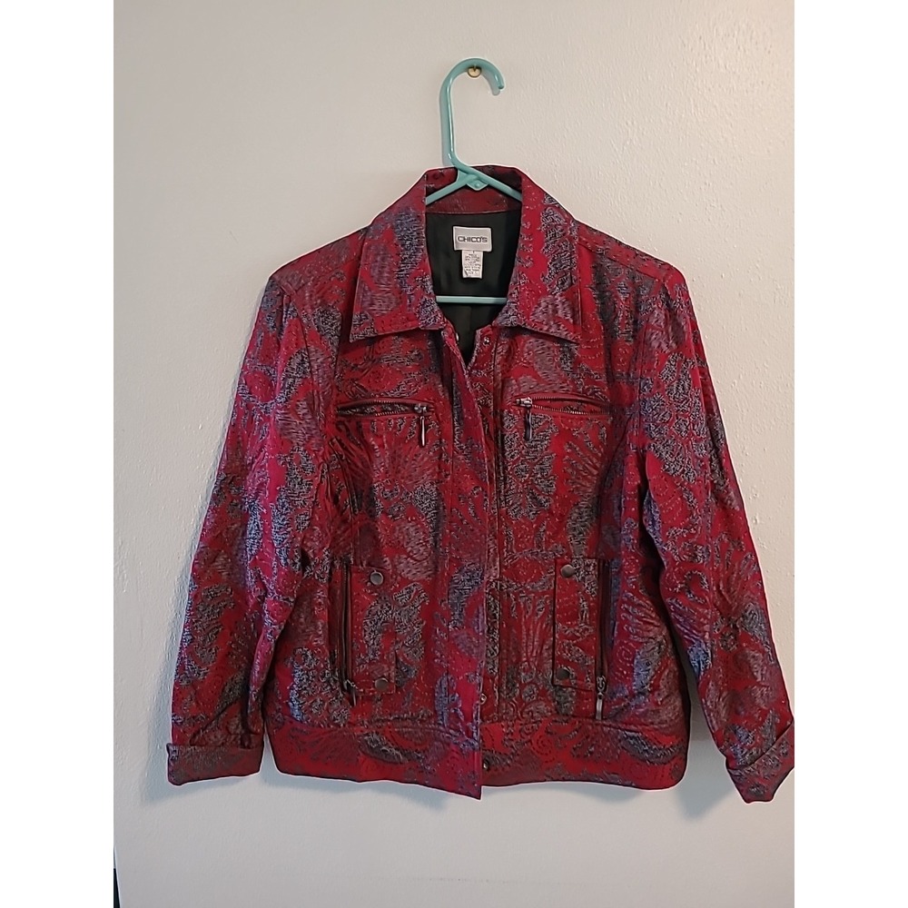 Chico's Jacket Chico's Size 1 Med/8 Red Black Gray Pockets Buttons Stencil Desig